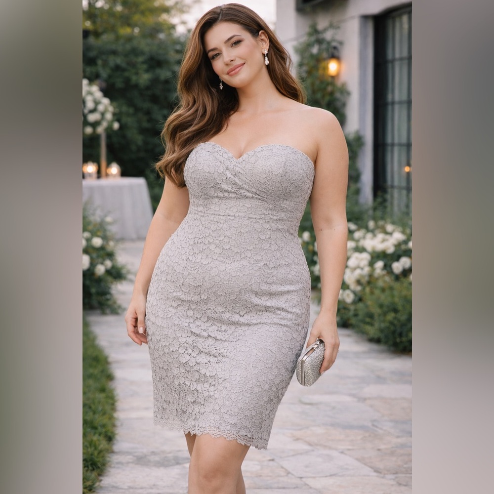 David’s Bridal Lace Strapless Dress Size 14 Silver Gray Cocktail Formal Wedding